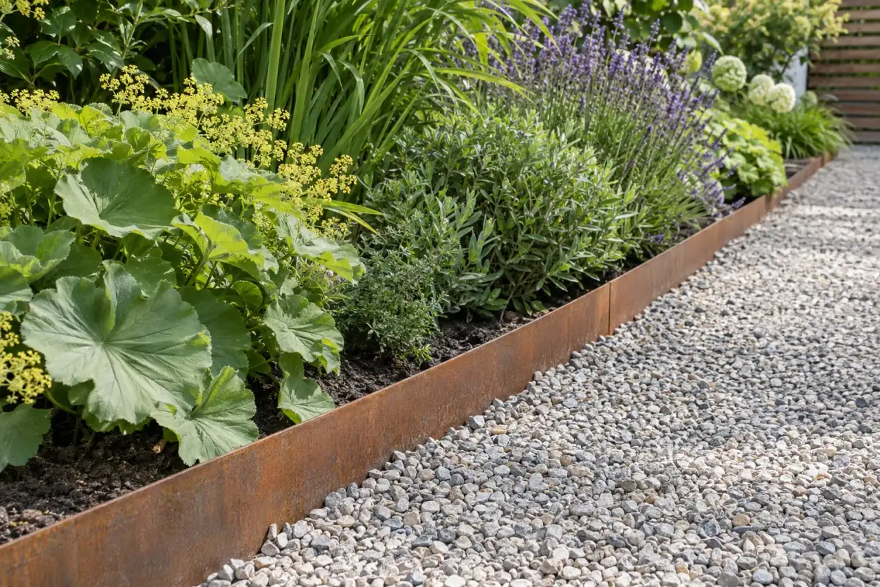 Niedrige durchgehende Einfassung zwischen Beet und Gartenweg