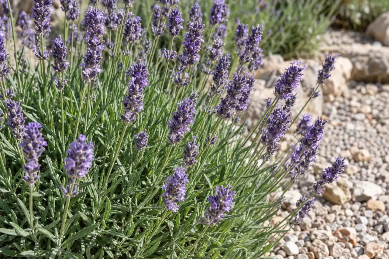 Echter Lavendel mit violetten Blüten an einem sonnigen Wegrand