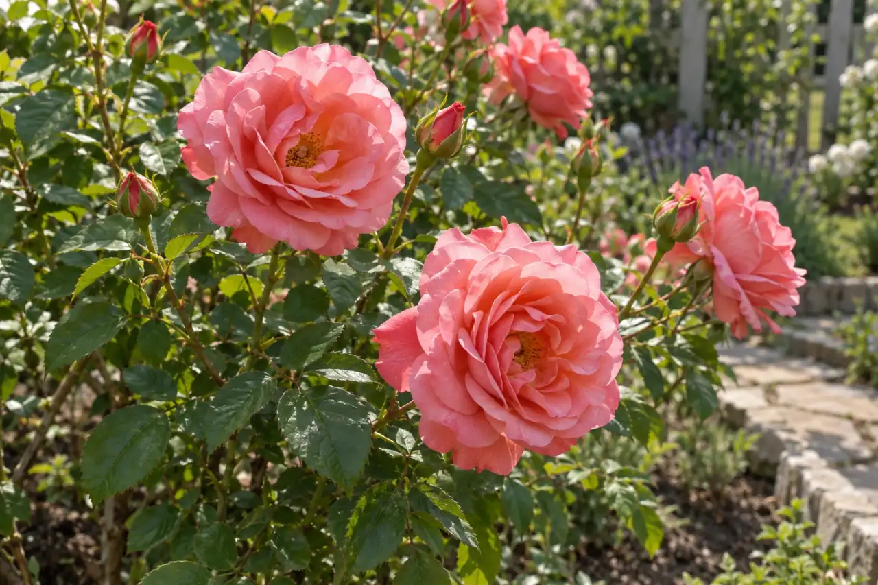 Blühende Rose mit natürlichem Laub im Gartenbeet