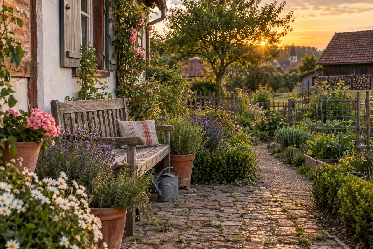 Ruhiger Lieblingsplatz mit Holzbank, Blüten und Tongefäßen am Abend