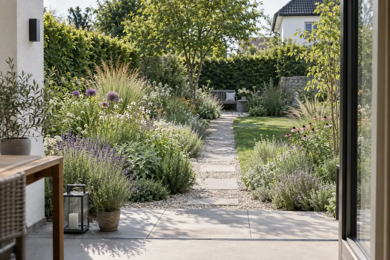 Direkter Gartenweg zwischen Kräuterkante, Terrasse und kleinem Sitzplatz