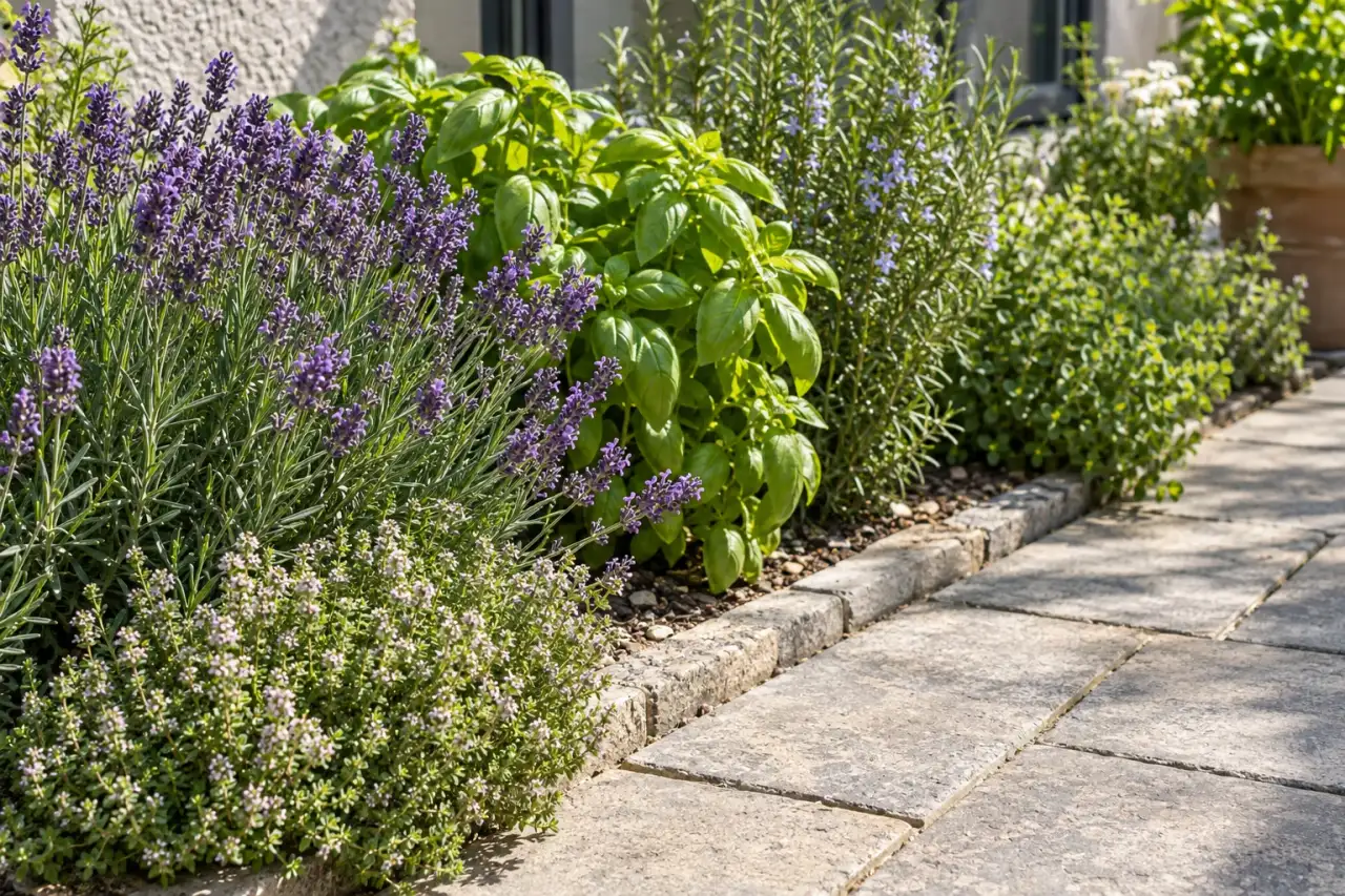 Blühende Kräuterkante unmittelbar an einem sonnigen Terrassenweg