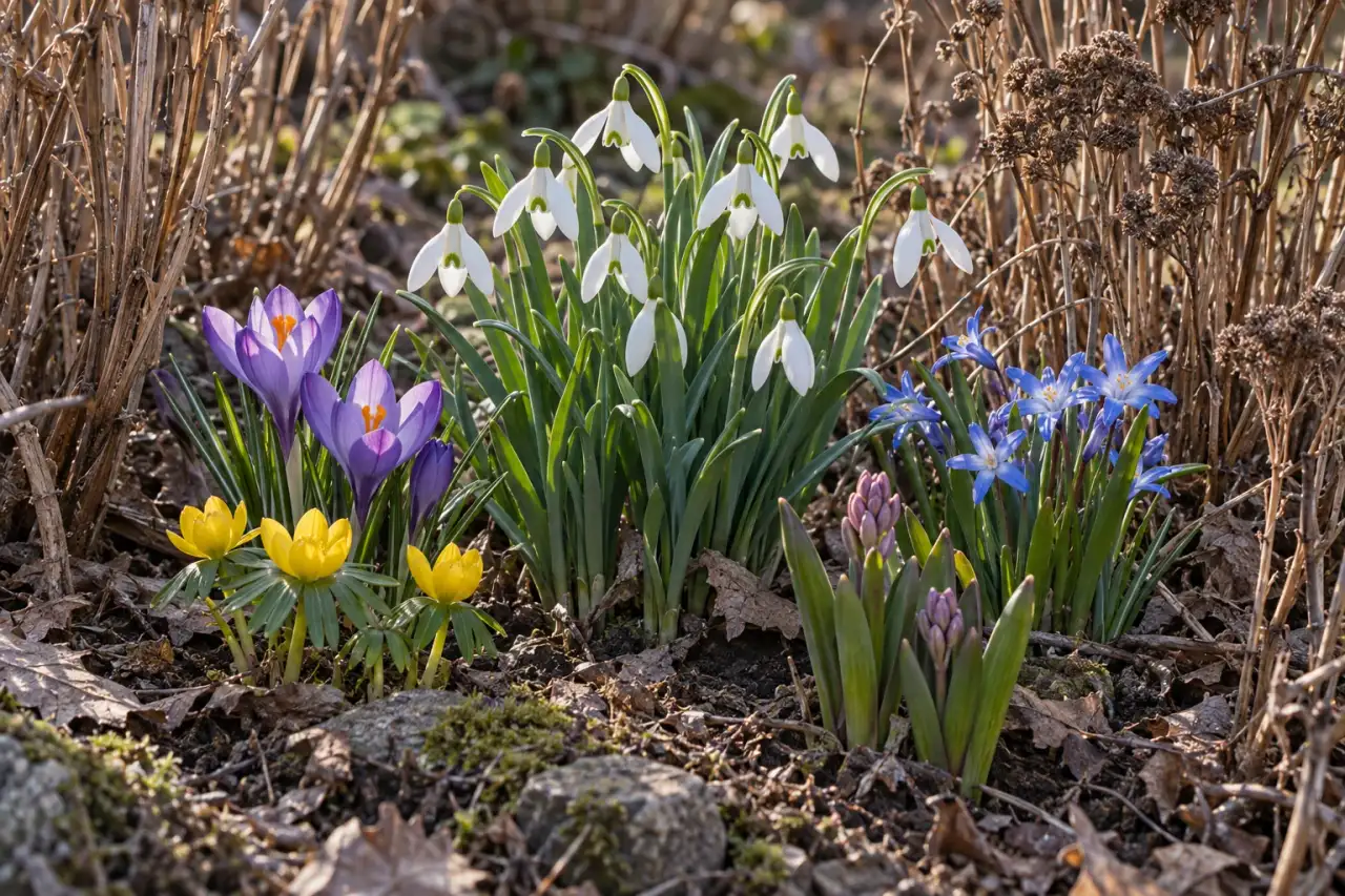 Standortgerechte frühe Zwiebelblüten zwischen trockenen Staudenstängeln