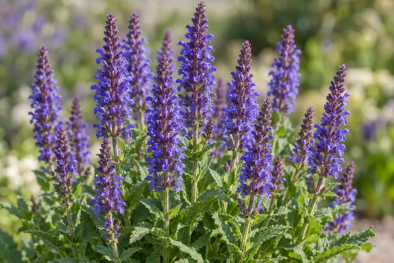 Violette Blütenähren des Steppen-Salbeis im sonnigen Beet