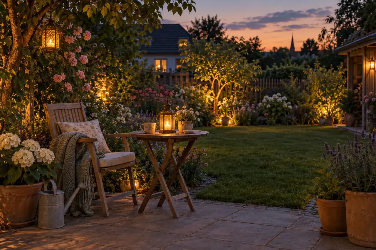 Wohnlicher Gartenplatz neben einem Blütensaum in ruhiger Abendstimmung