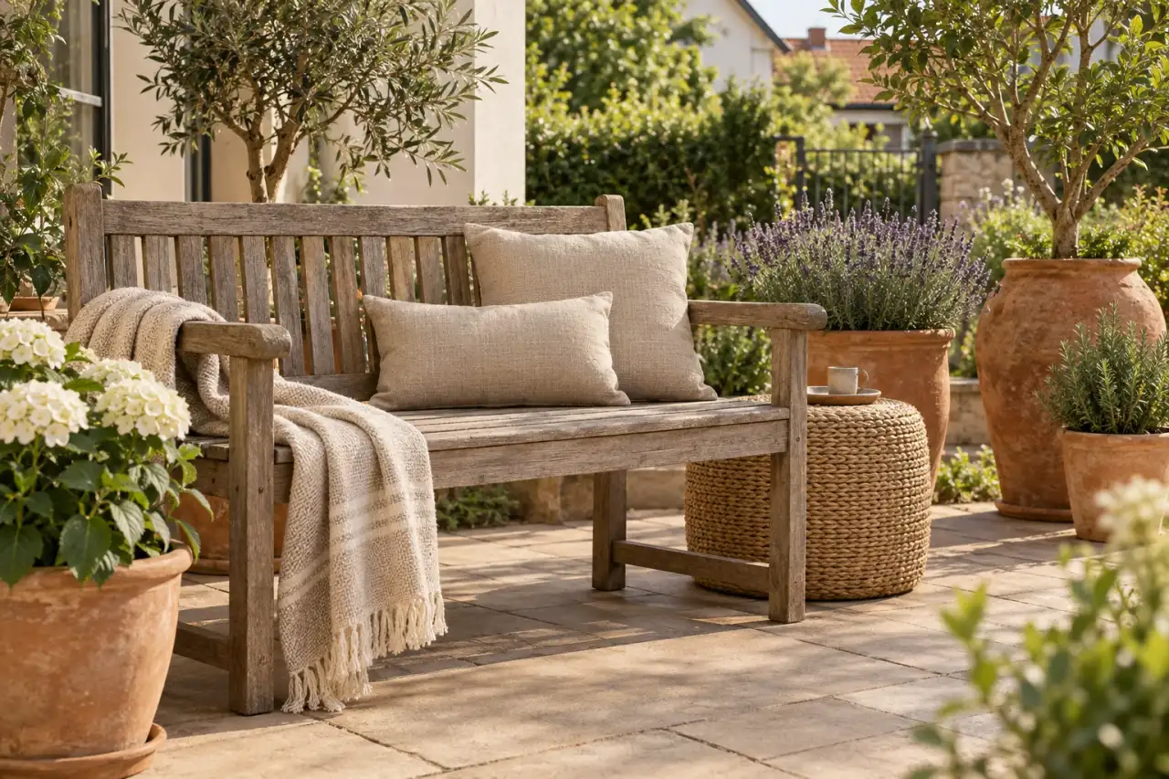 Warmer Materialmix aus Holz, Terrakotta, Flechtwerk und sandfarbenem Textil