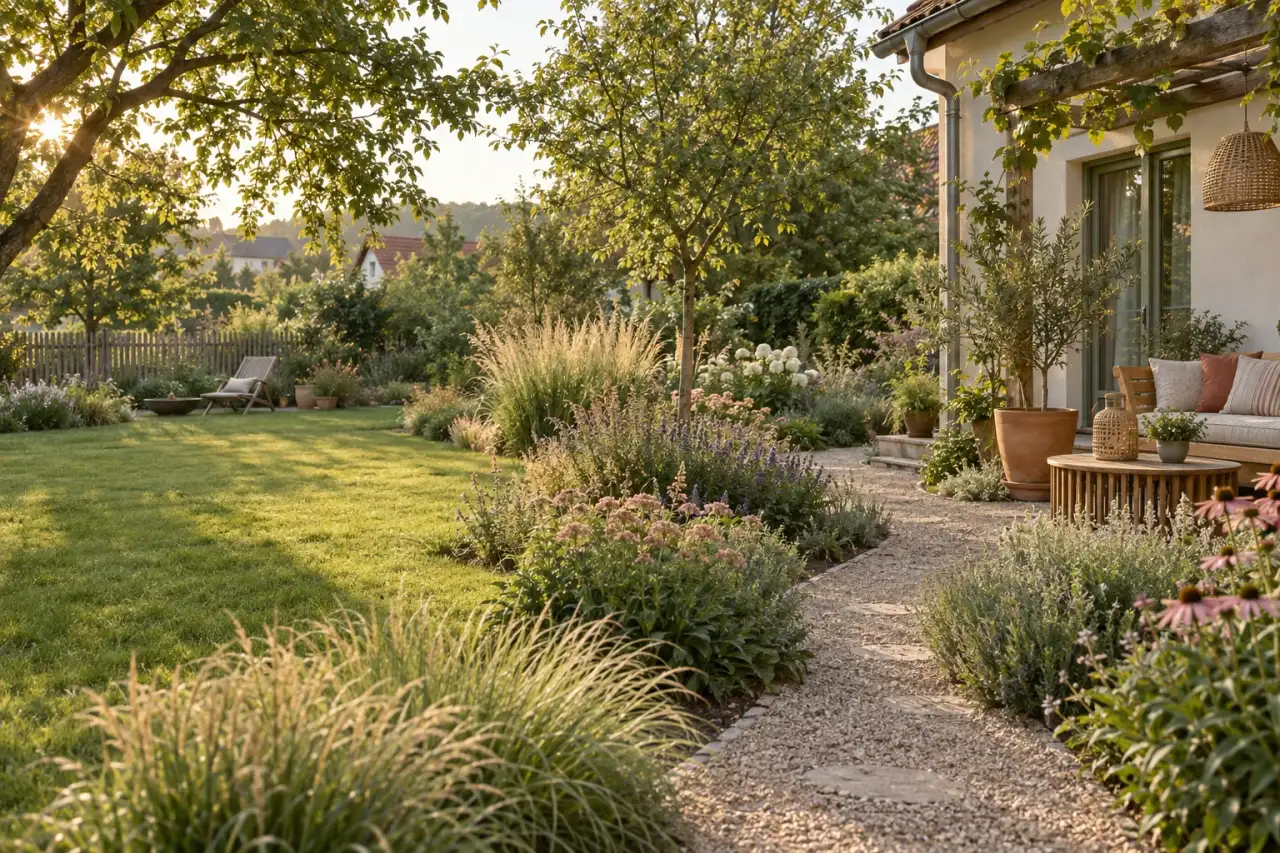 Einladender Boho-Garten mit locker bepflanztem Weg, Holzmöbeln und warmen Naturtönen