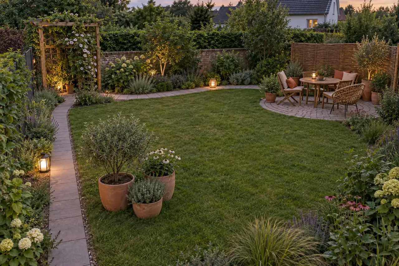 Boho-Garten mit Holzsitzplatz, Gefäßgruppen, Rankgerüst, Weg, Textilien und Außenleuchten