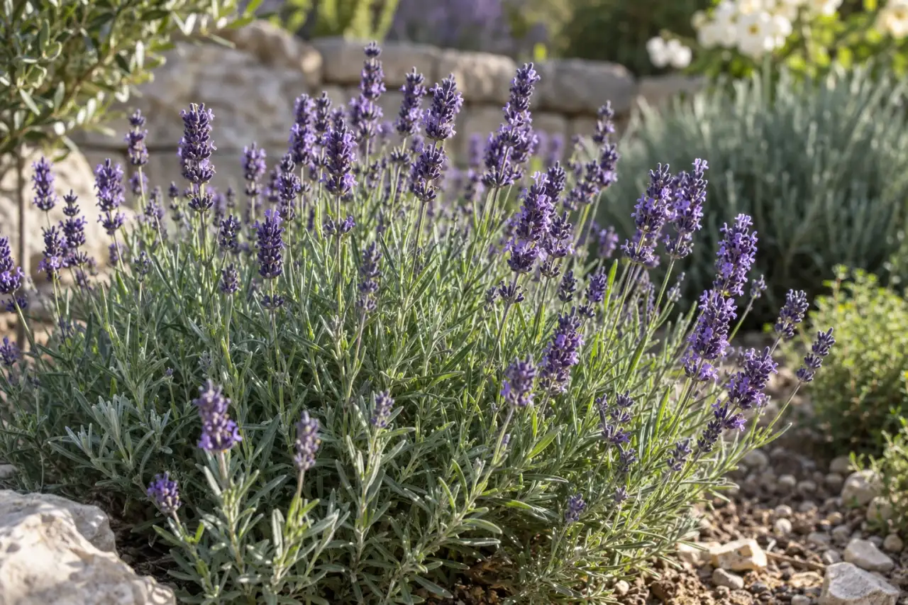 Echter Lavendel mit schmalen Blättern und violetten Blütenständen