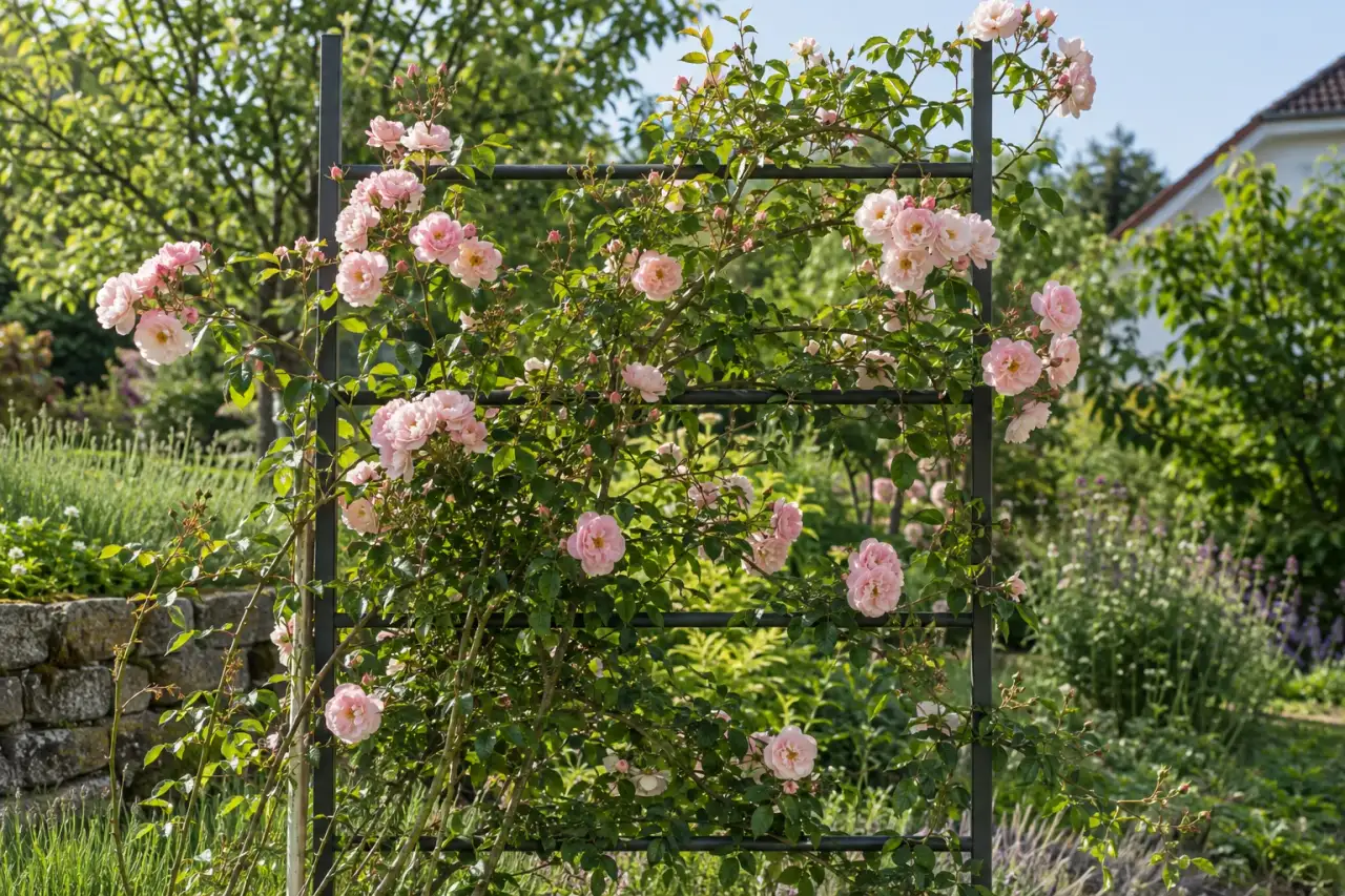 Kletterrose an einem stabilen Rankgerüst als vertikales Pflanzenelement