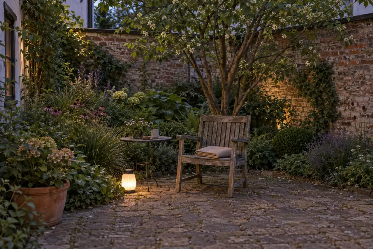 Ruhiger Lieblingsplatz im Boho-Garten mit Holzstuhl, Pflanzen und sanftem Abendlicht