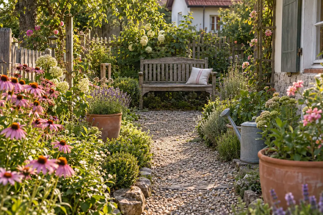 Stiller Lieblingsplatz am Ende eines schmalen Gartenwegs