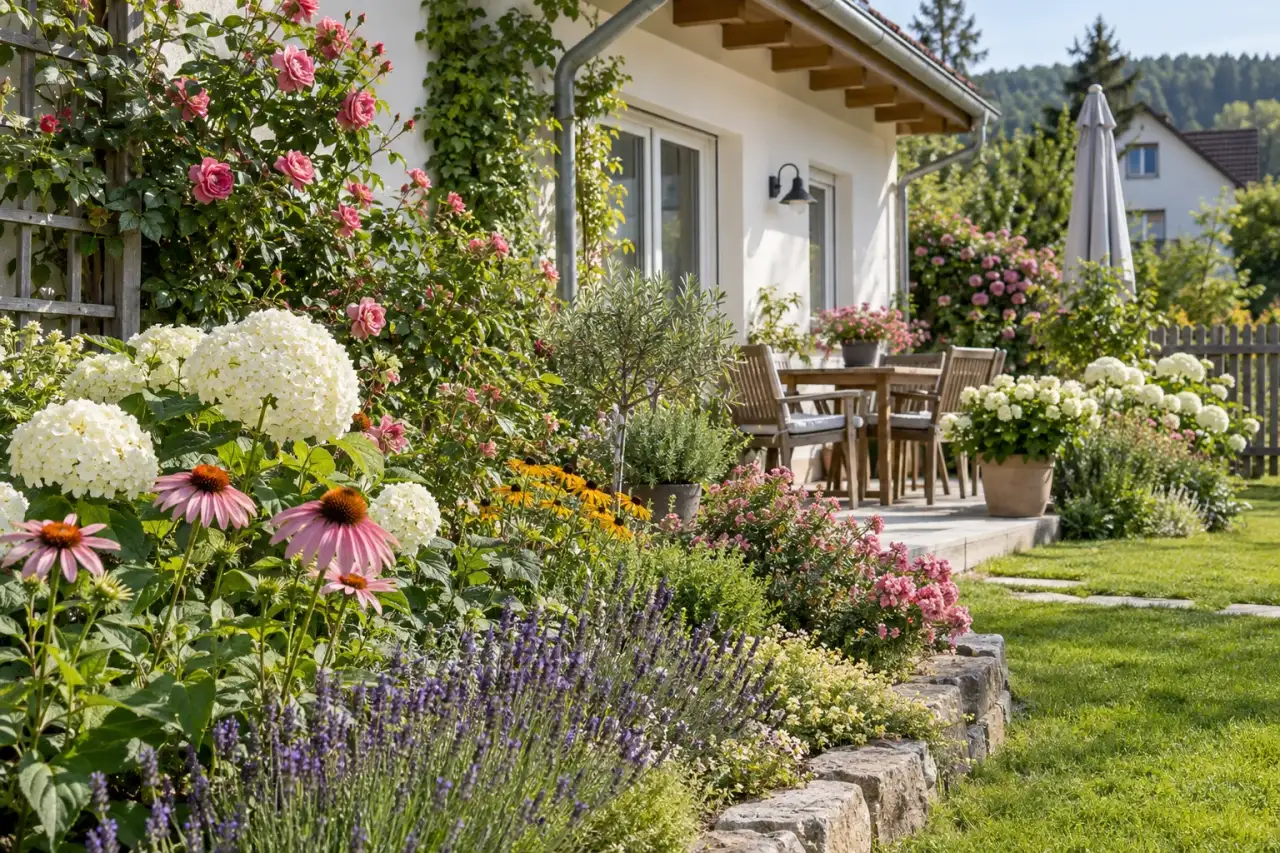 Breite Blütenrabatte dicht an Haus und Terrasse