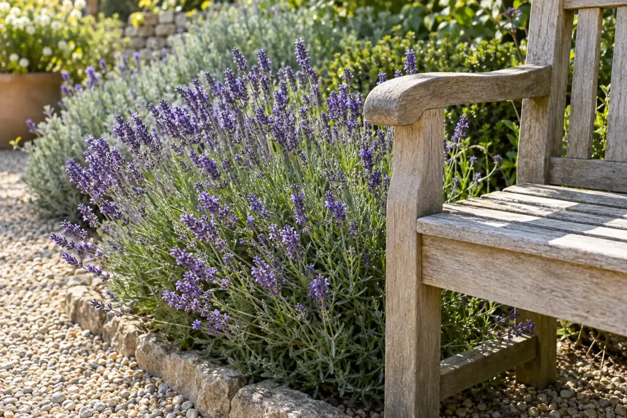 Echter Lavendel direkt neben einer leeren Holzbank