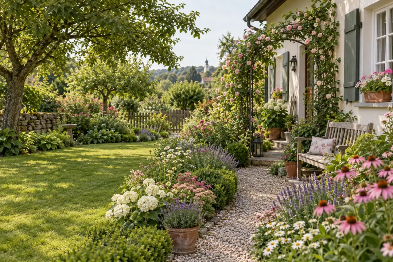 Üppiger Cottage-Garten am Haus mit Kiesweg, Blütenrabatten und Holzbank