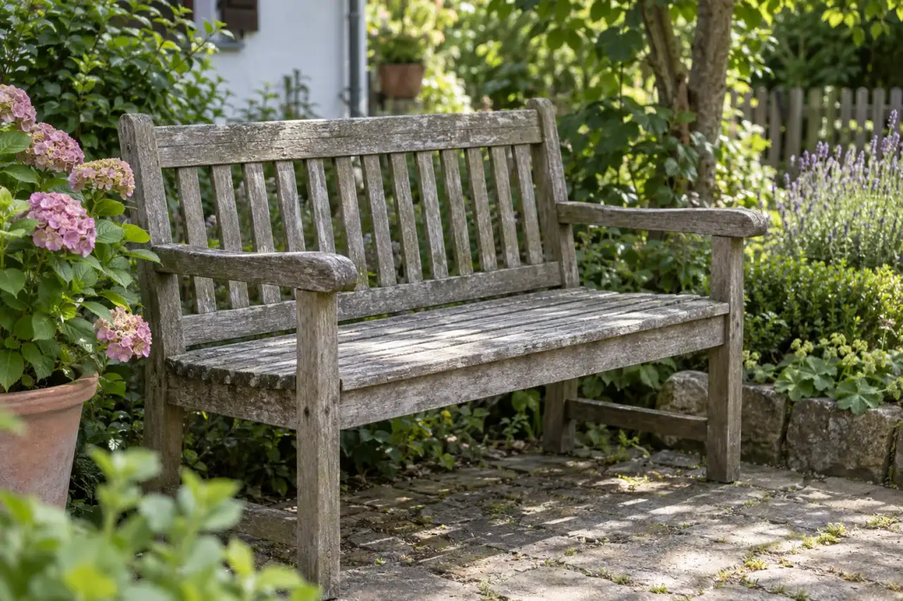 Schlichte verwitterte Holzbank zwischen Gartenpflanzen