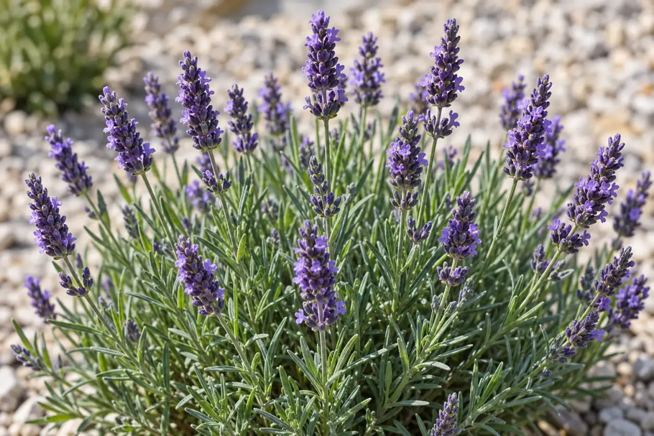 Blütenähren und schmales Laub von Echtem Lavendel