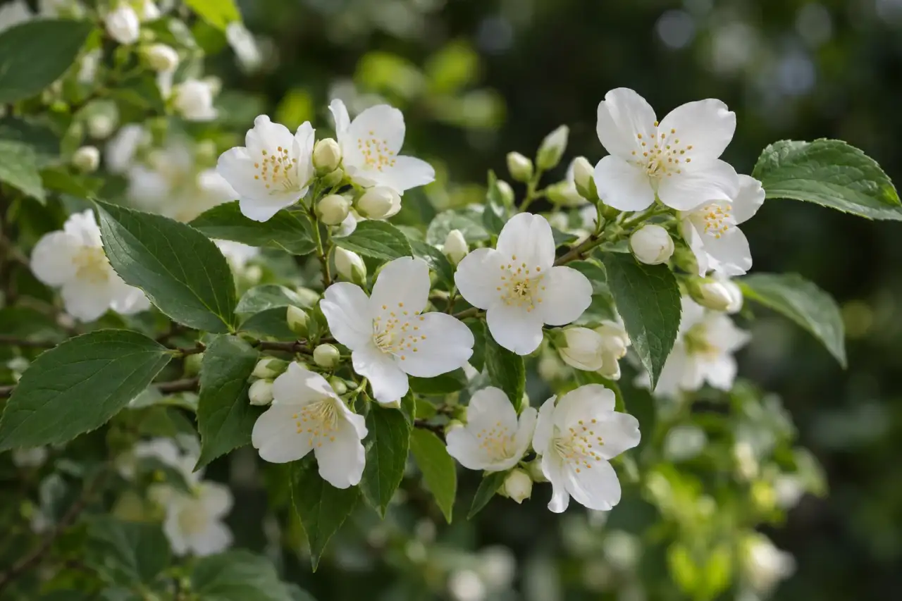 Weiße Blüten und grünes Laub eines Pfeifenstrauchs