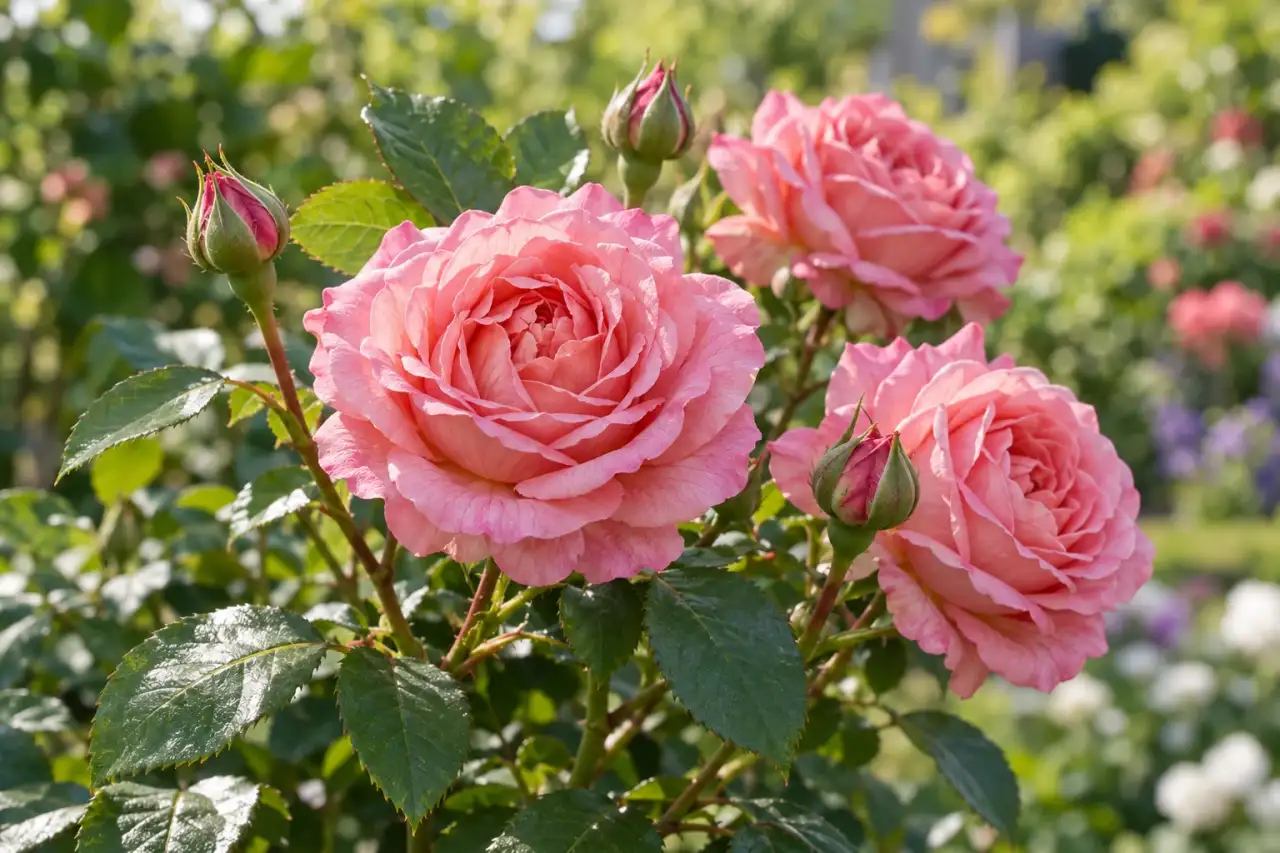 Blüten und Knospen einer Gartenrose