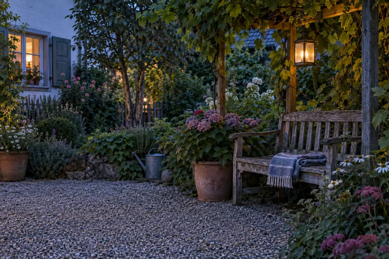 Bewohnlich wirkender Gartenplatz mit Holzbank in der Abendruhe