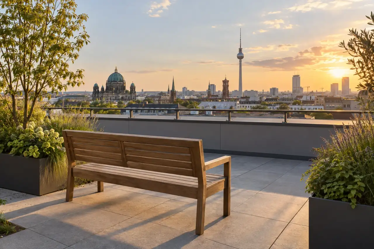 Zur Aussicht ausgerichtete Sitzbank mit seitlich rahmender Dachbepflanzung