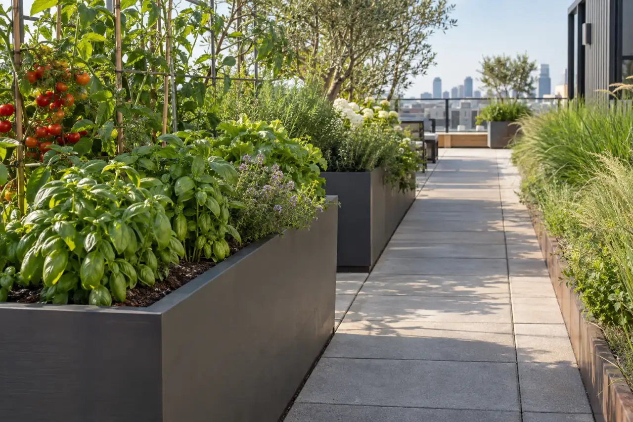Freier Dachgartenweg entlang gut erreichbarer Pflanzgefäße