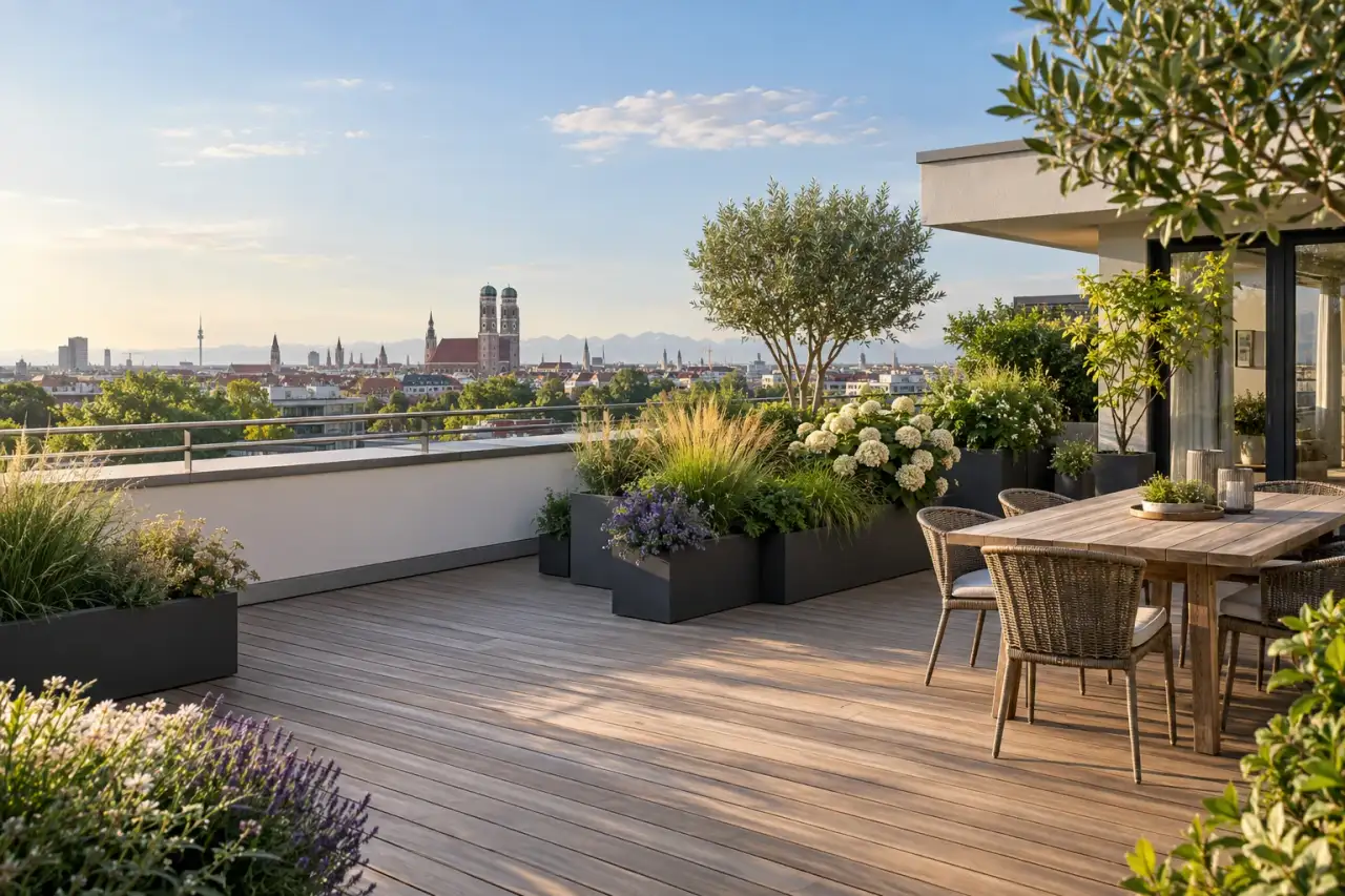 Weitläufiger begehbarer Dachgarten mit Holzdeck, Pflanzgefäßen und Blick über die Stadt