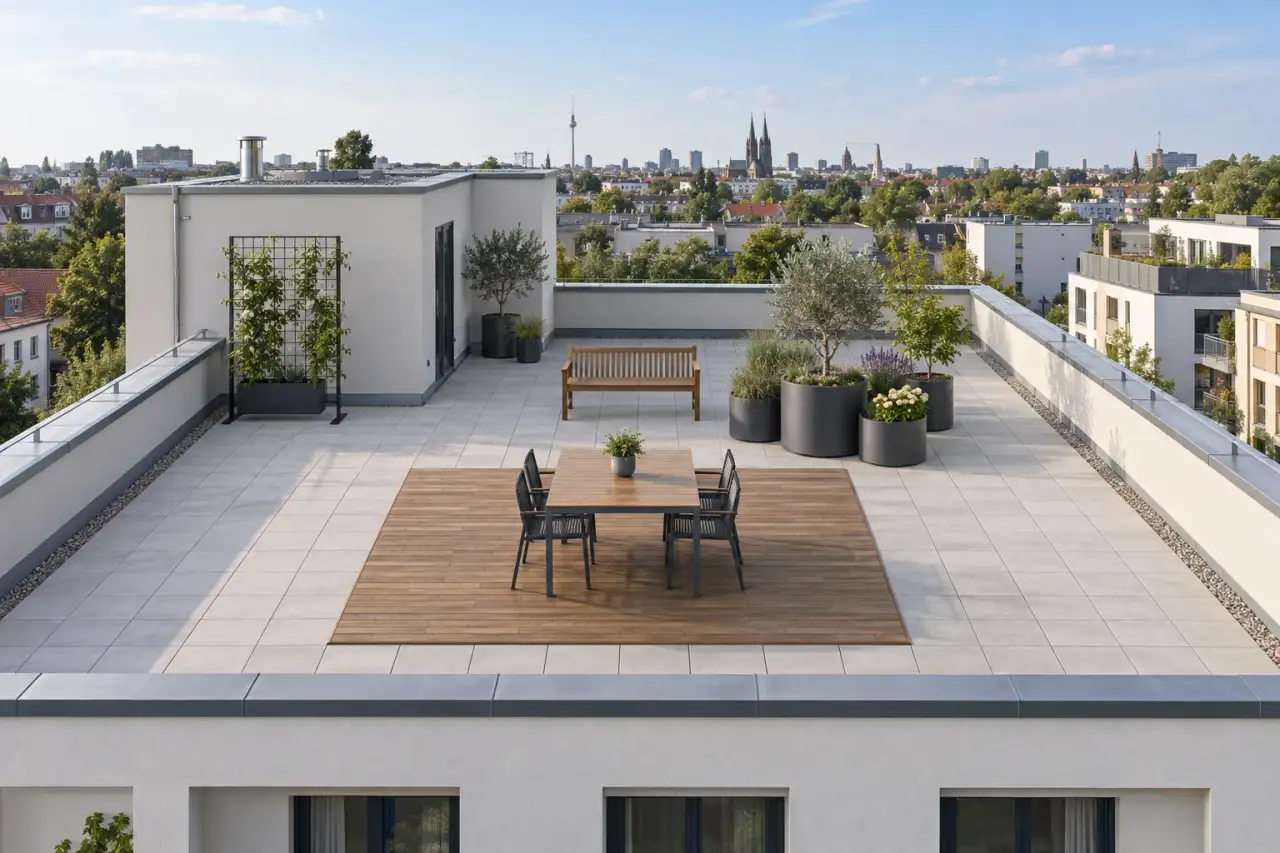 Gesamtansicht eines Dachgartens mit Holzdeck, Gefäßen, Brüstung, Tisch, Bank und Rankelement