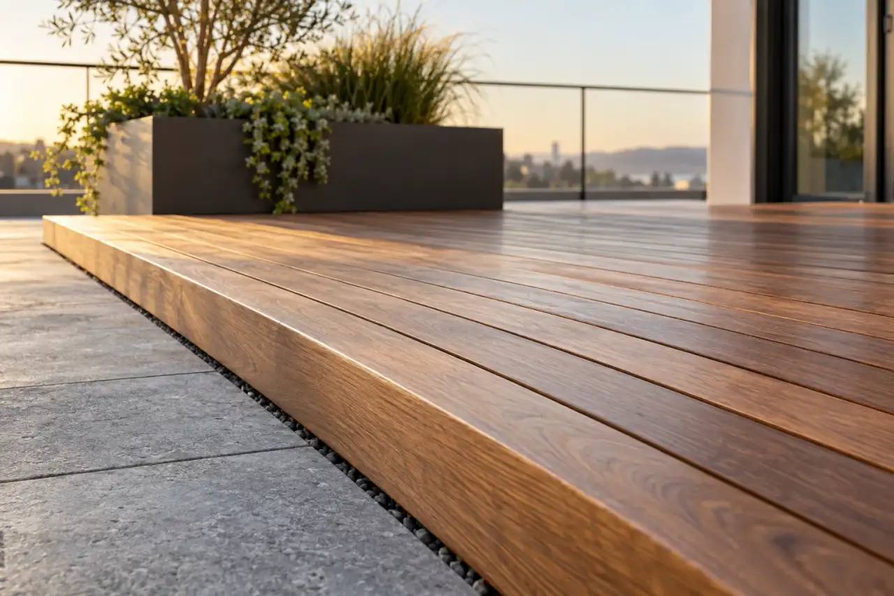 Detail eines warmen Holzdecks neben einer hellen Steinfläche