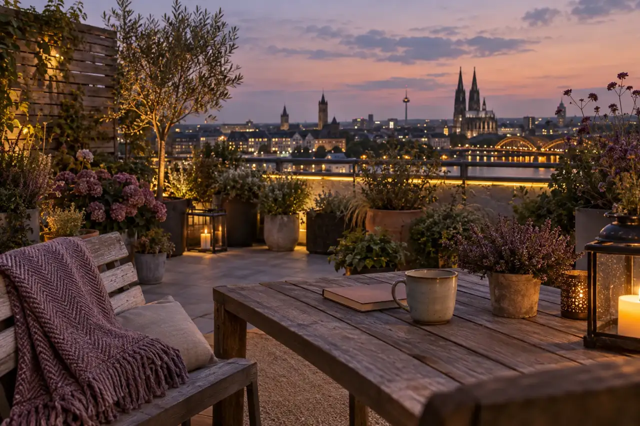 Wohnlicher Lieblingsplatz im Dachgarten mit Bank, Tisch und Abendblick