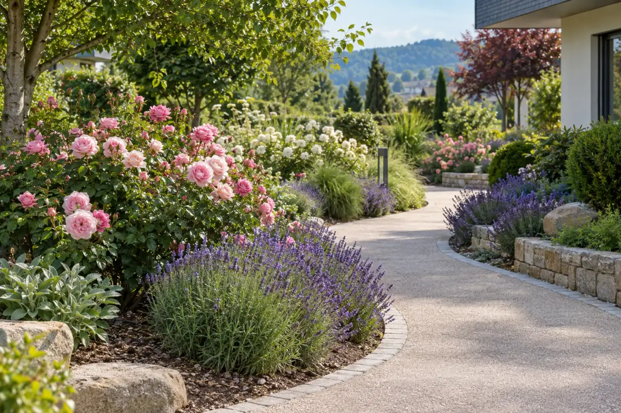 Duftende Blüteninseln entlang eines geschwungenen Gartenwegs