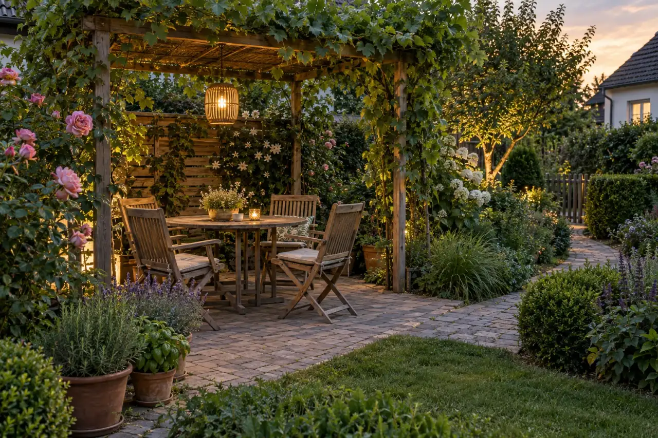 Geschützter Sitzplatz zwischen nahen Rosen, Kräutern und ruhigem Grün