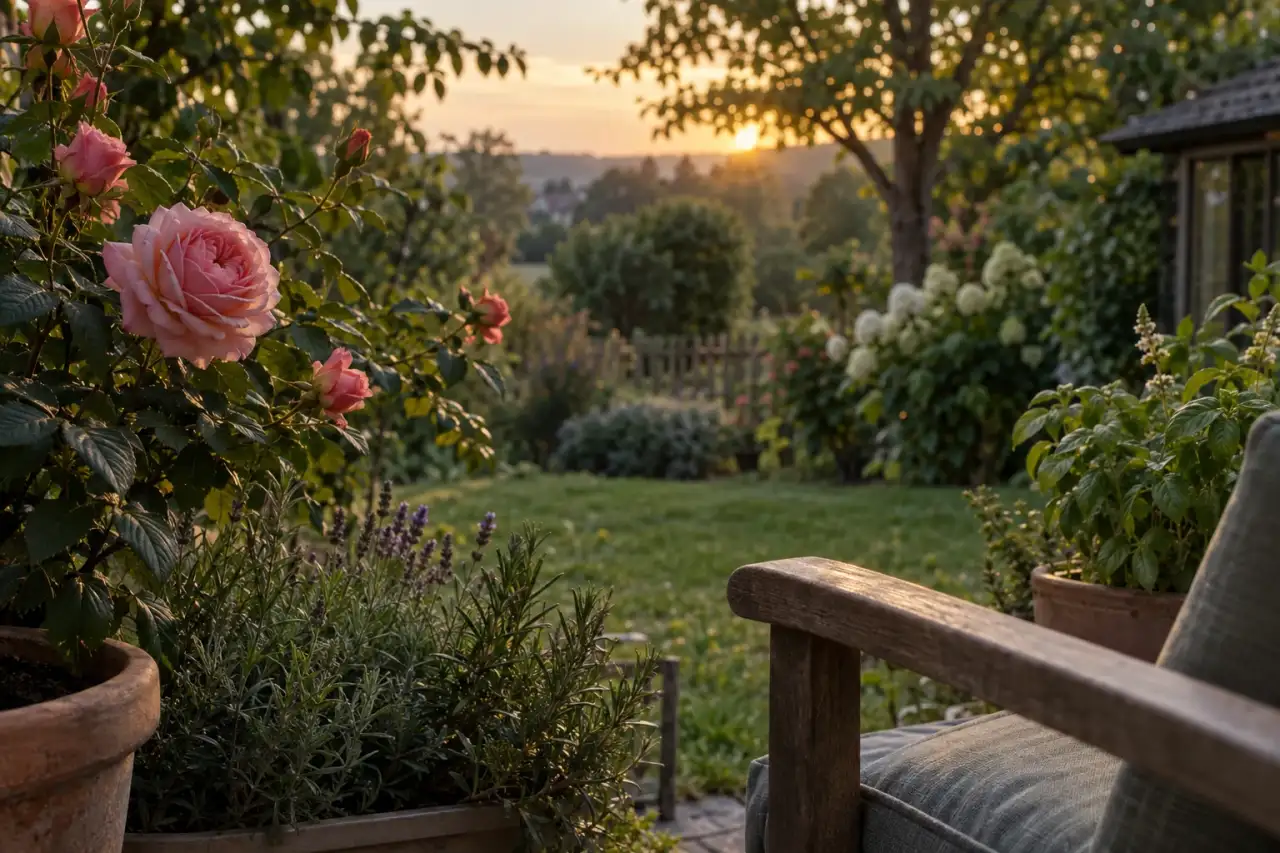 Nahe Rosen und Kräuter am ruhigen Abendplatz