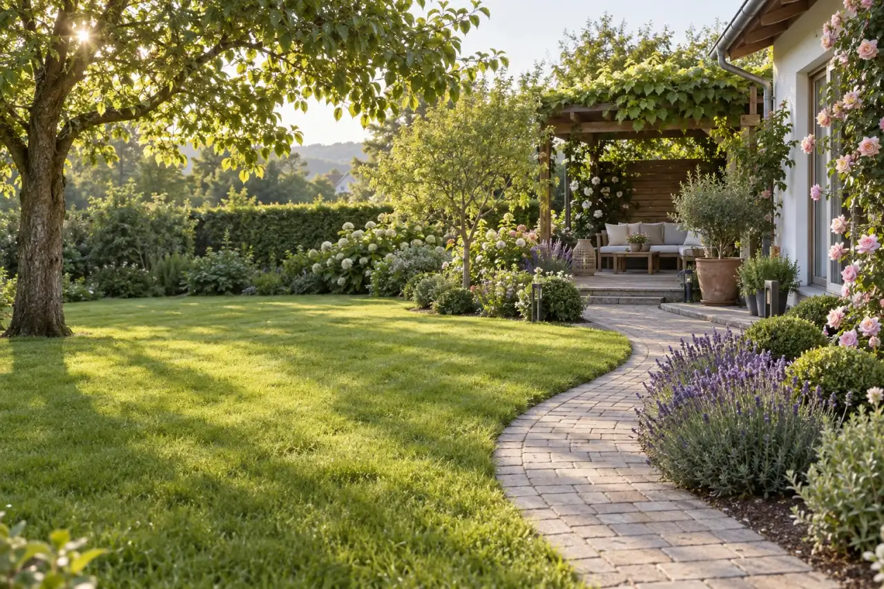 Ruhiger Duftgarten mit geschwungenem Weg, Rosen, Lavendel und geschütztem Sitzplatz