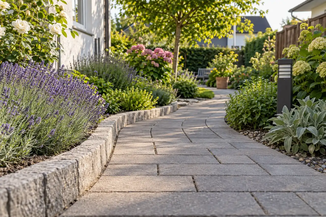 Sanft geschwungener Gartenweg mit gut zugänglicher Randbepflanzung
