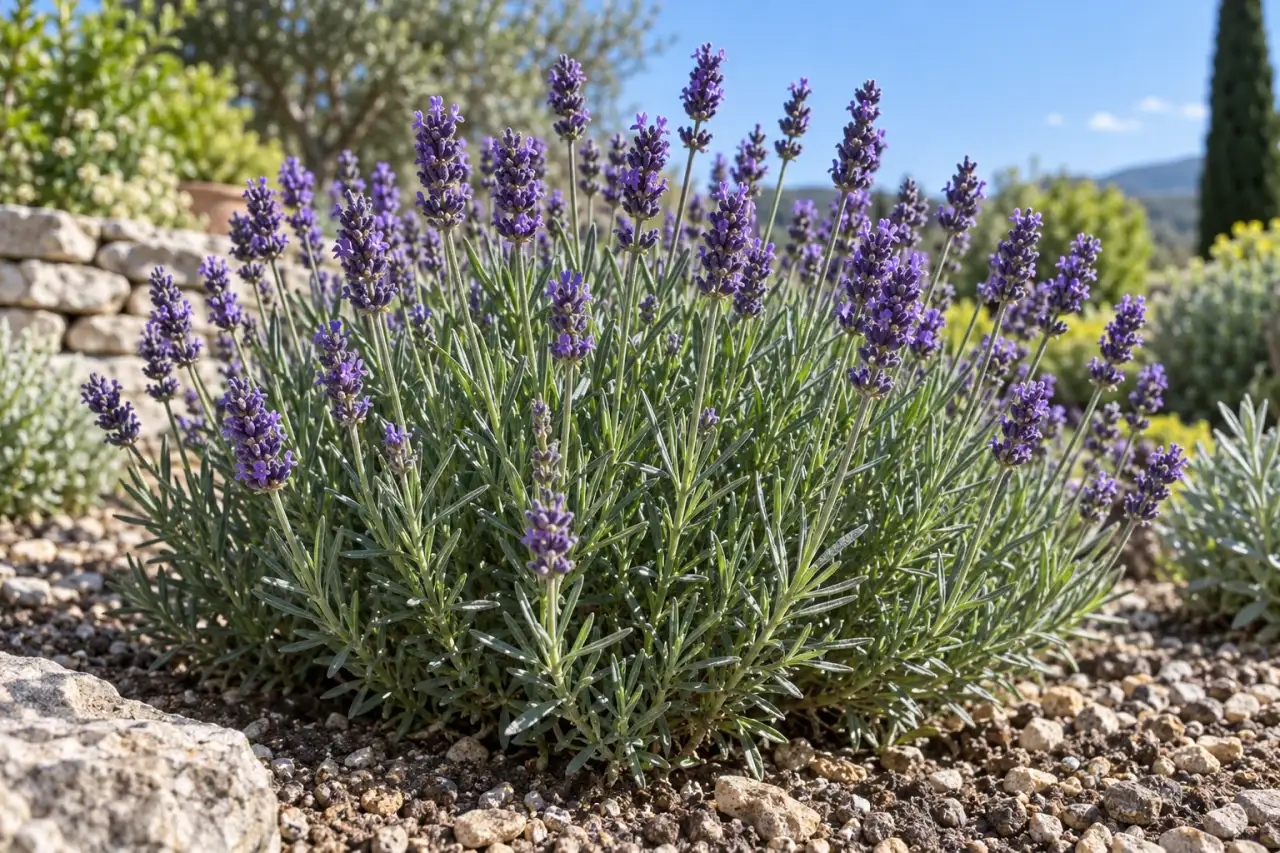 Echter Lavendel mit violetten Blütenähren und schmalem Laub