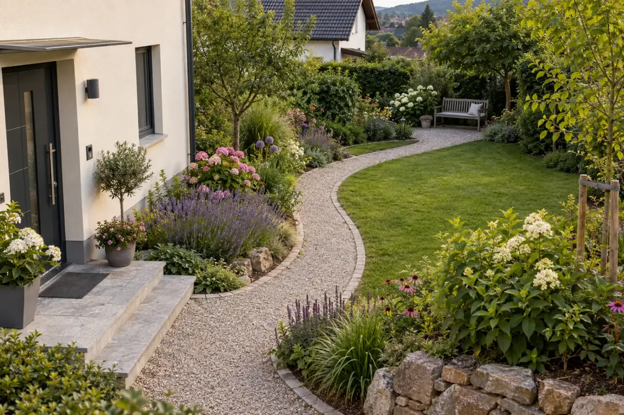 Geschwungener Gartenweg zwischen Hauszugang, Beeten und Sitzbank