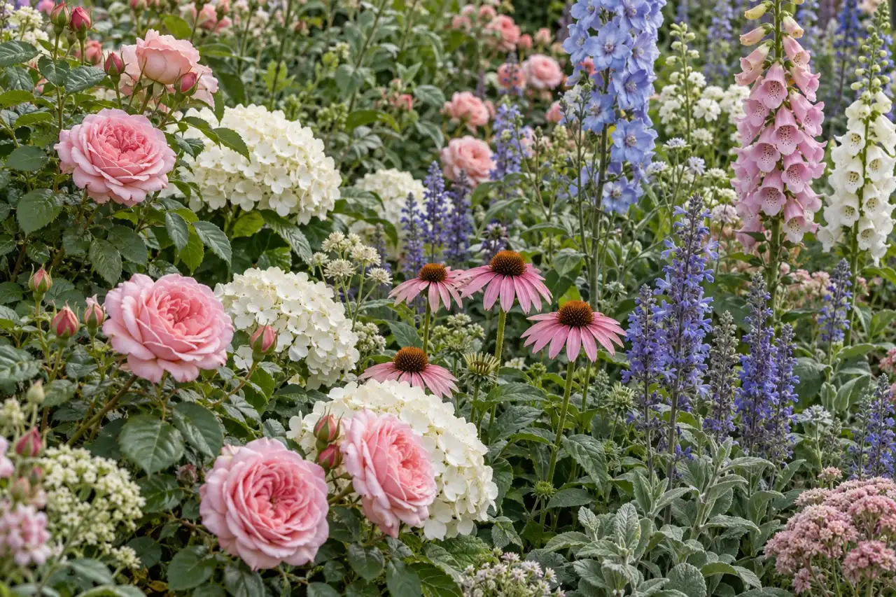 Wiederkehrende rosa, cremeweiße und lavendelblaue Blütenfarben im Beet
