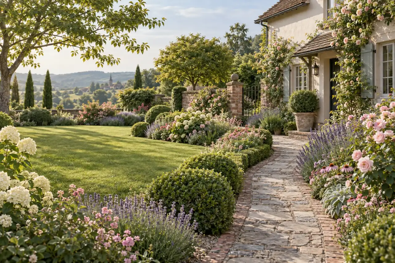 Englisch inspirierter Hausgarten mit üppigen Blüten, geschwungenem Weg und ruhigen Grünformen