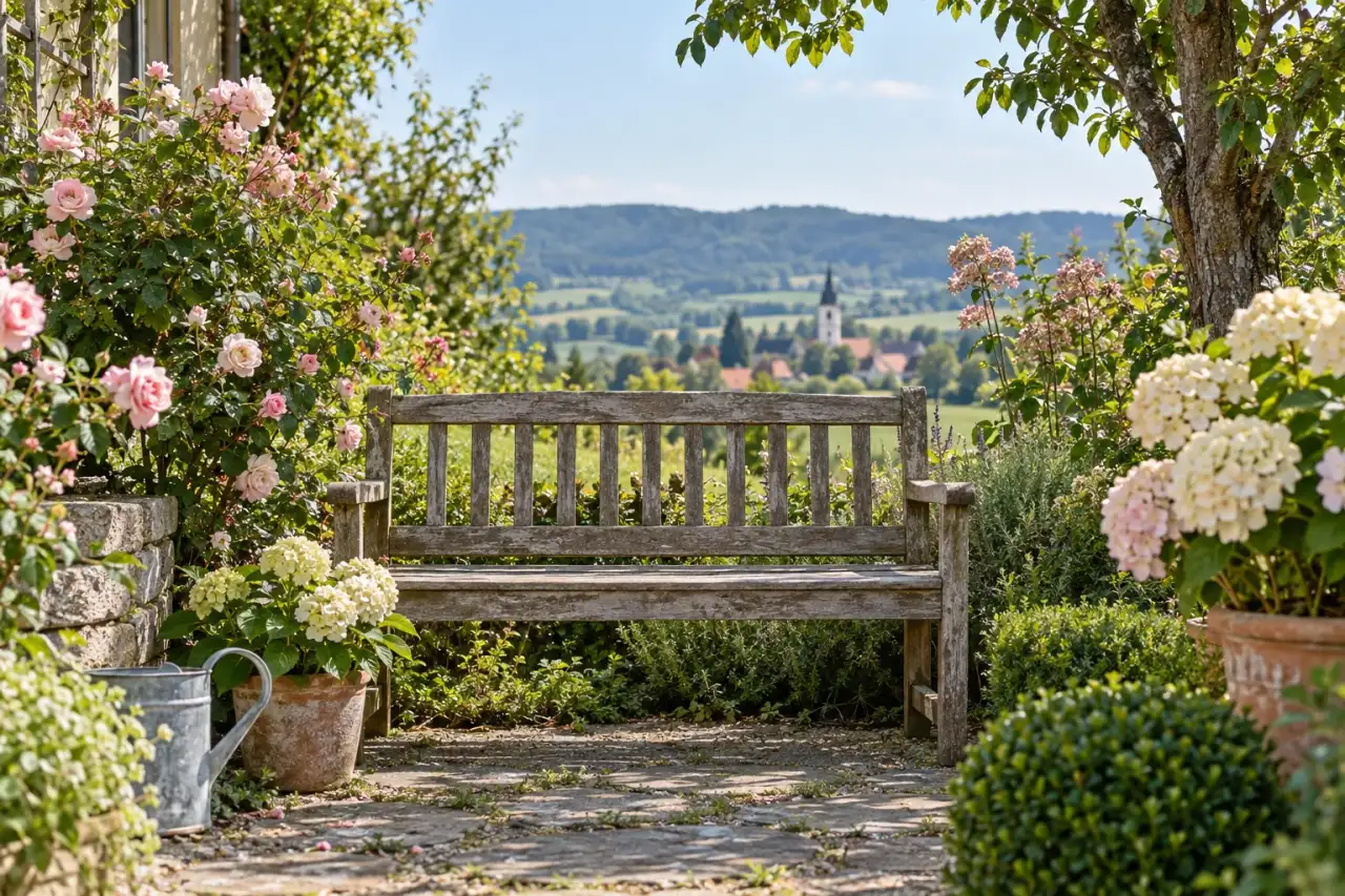 Schlichte Sitzbank zwischen rosa und cremefarbenen Blüten
