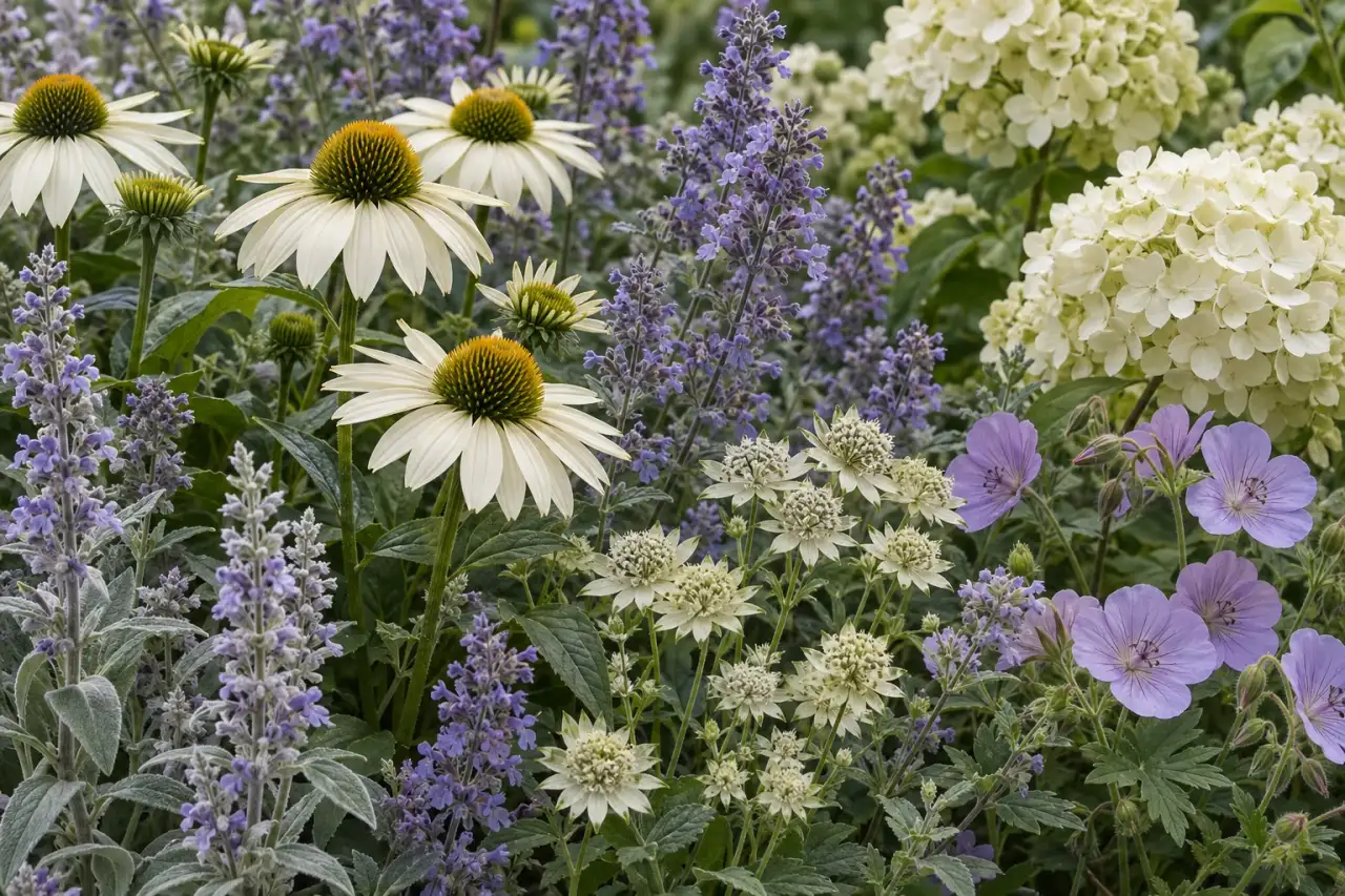 Gruppe cremeweißer und lavendelblauer Blütenstauden im Detail