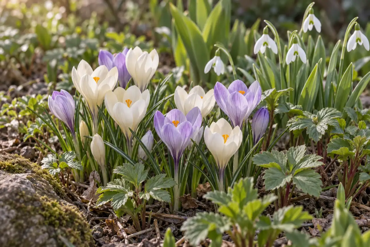 Helle Frühlingszwiebelblumen zwischen jungem Staudenlaub