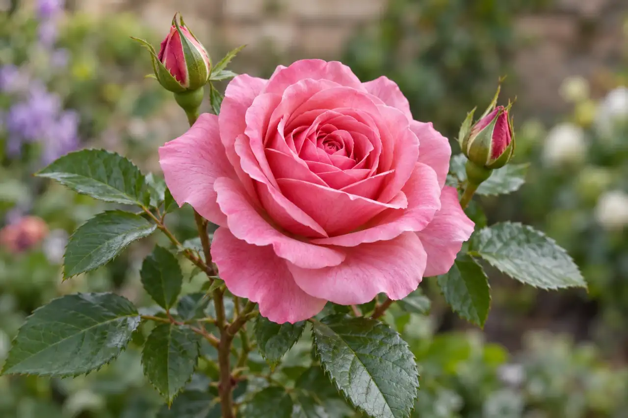 Rosenrosa Blüten und Laub einer Gartenrose im Detail