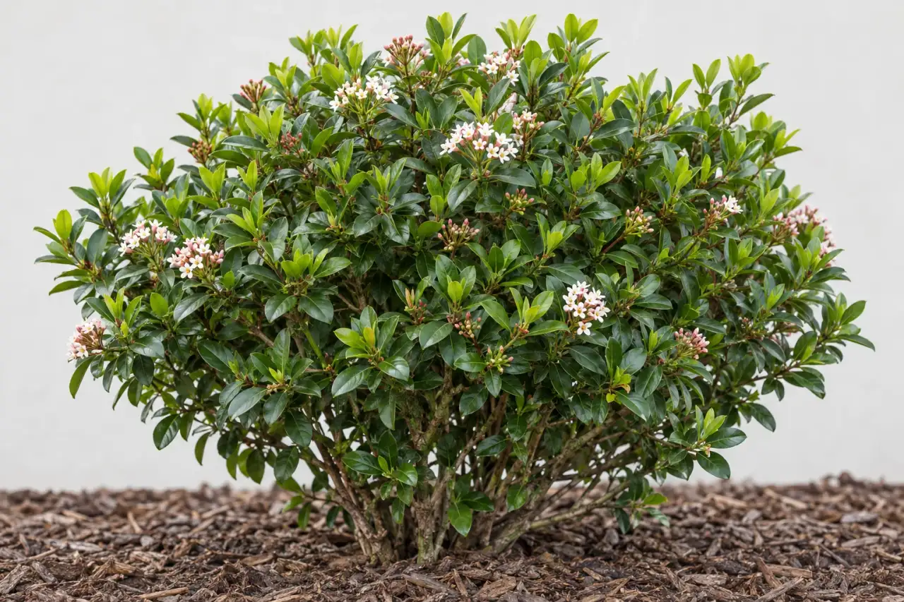 Kompaktes Gehölz mit dichtem Grün und zurückhaltender Blüte