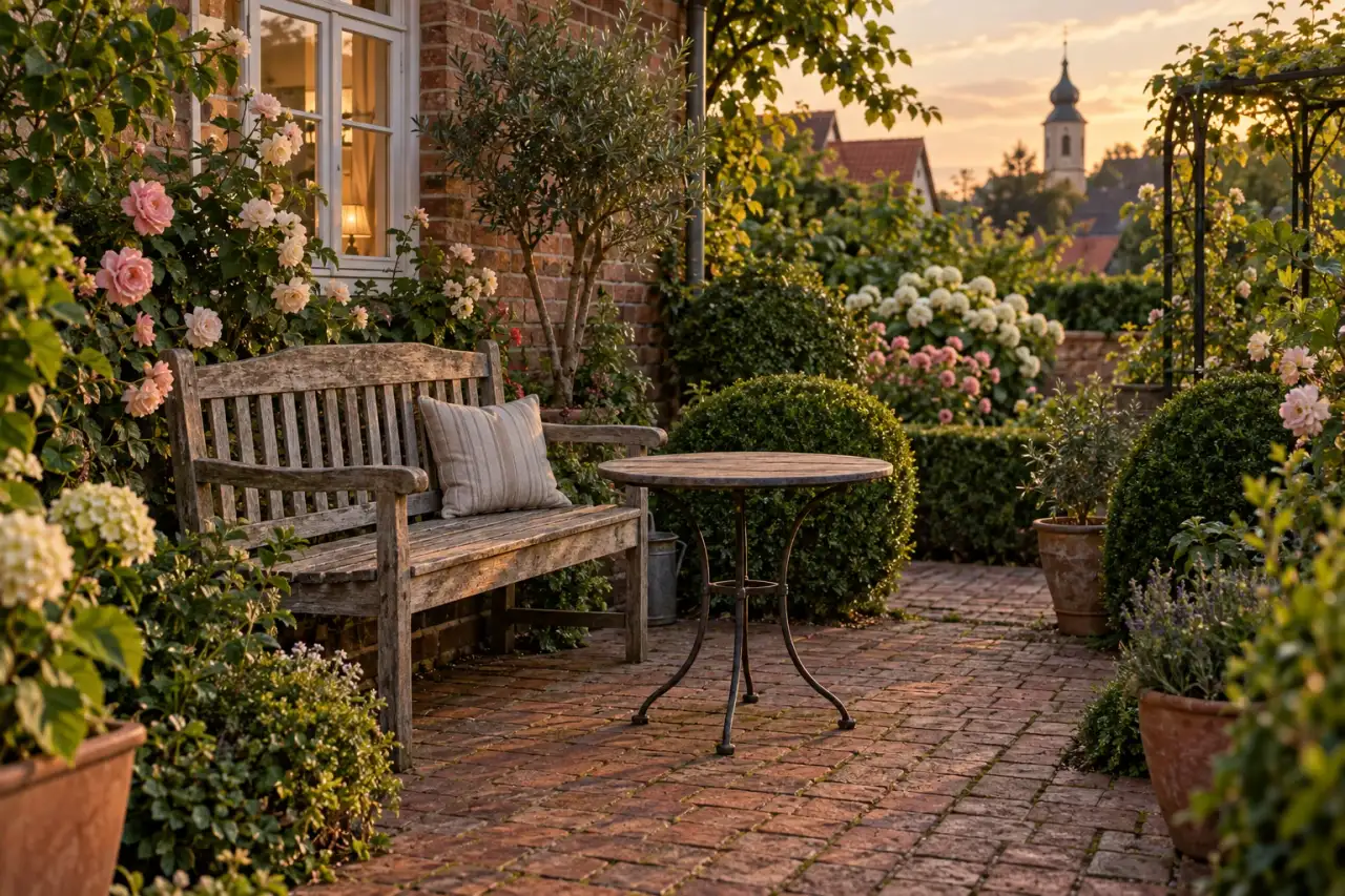 Ruhiger Lieblingsplatz mit Bank, Blüten und Ziegeln in warmer Abendstimmung