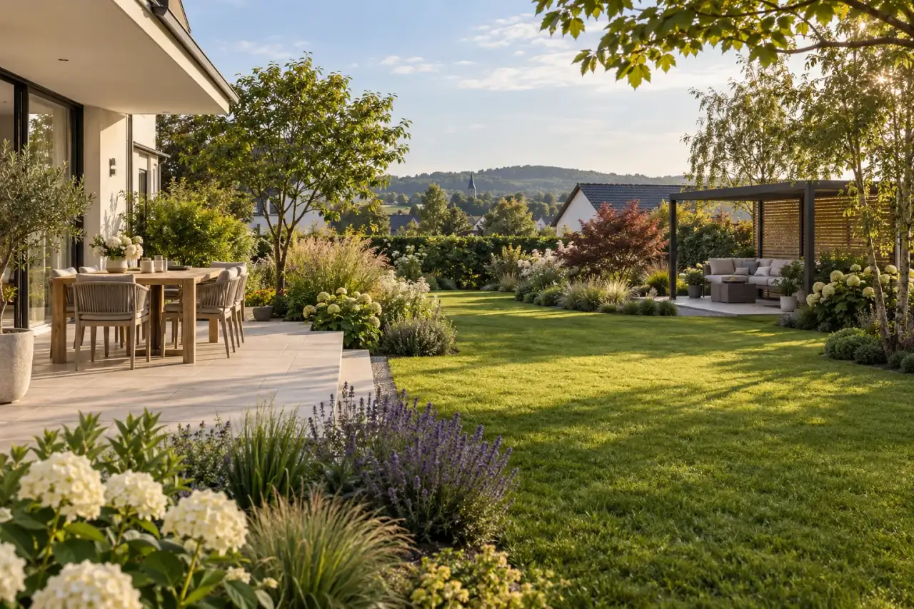 Verbundene Terrasse und offene Gartenfläche mit schützenden grünen Rändern