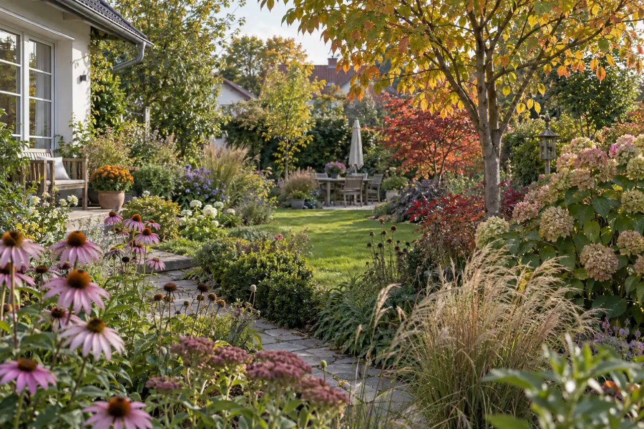 Blüten, Blattstrukturen, Gräser und Gehölze in einem lebendigen jahreszeitlichen Gartenbild