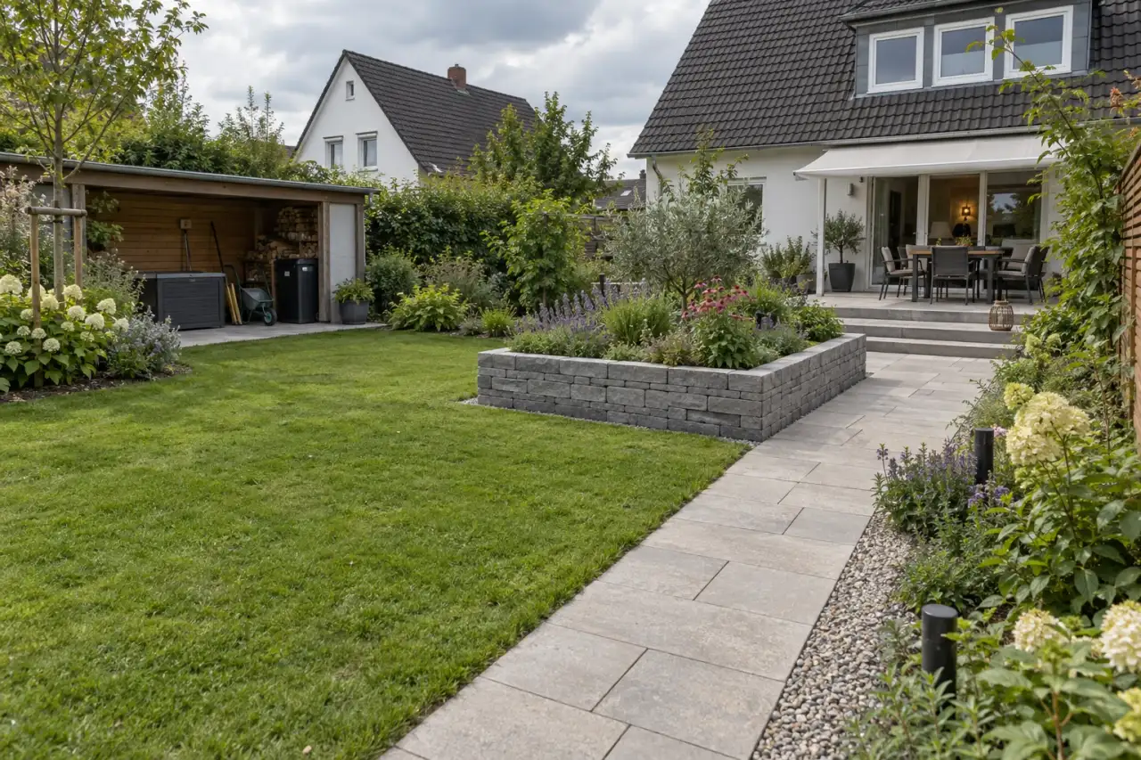 Klar geordnete Gartenbereiche mit kurzen Wegen zwischen Terrasse, Freifläche und Hochbeet