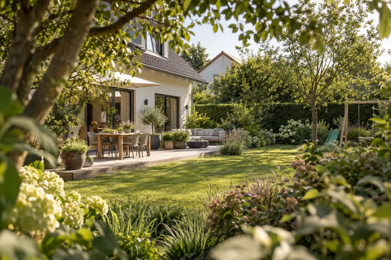 Grüne Pflanzränder rahmen den Blick zwischen Terrasse und offener Gartenmitte