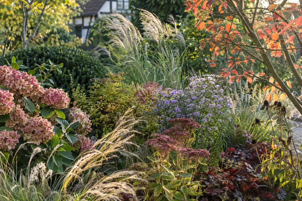 Blüten, Blätter, Gräser und Gehölzzweige als vielschichtiges jahreszeitliches Gartenbild